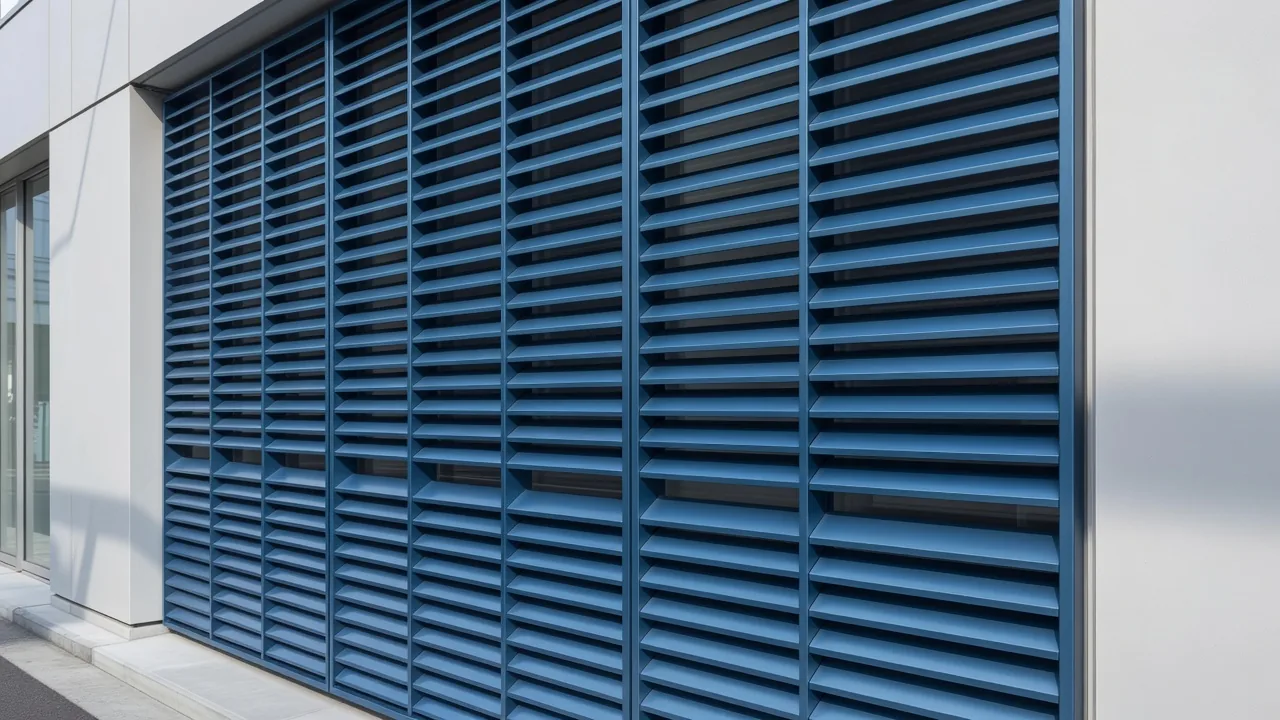 建物外装に取り付けられた金属サンスクリーンパネル